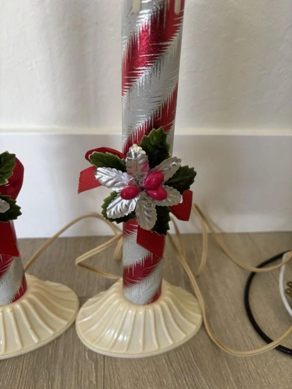 2 Vtg MCM 1950’s Candy Striped Electric CANDLE Xmas Light 12”